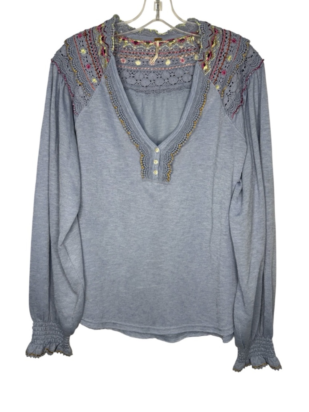 Free People Siesta Fiesta Blue Boho Victorian Top Long Sleeve Embroidery Medium
